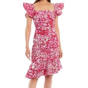 SACHIN & BABI ELLEN SQUARE NECK FLUTTER SLEEVE MIDI DRESS